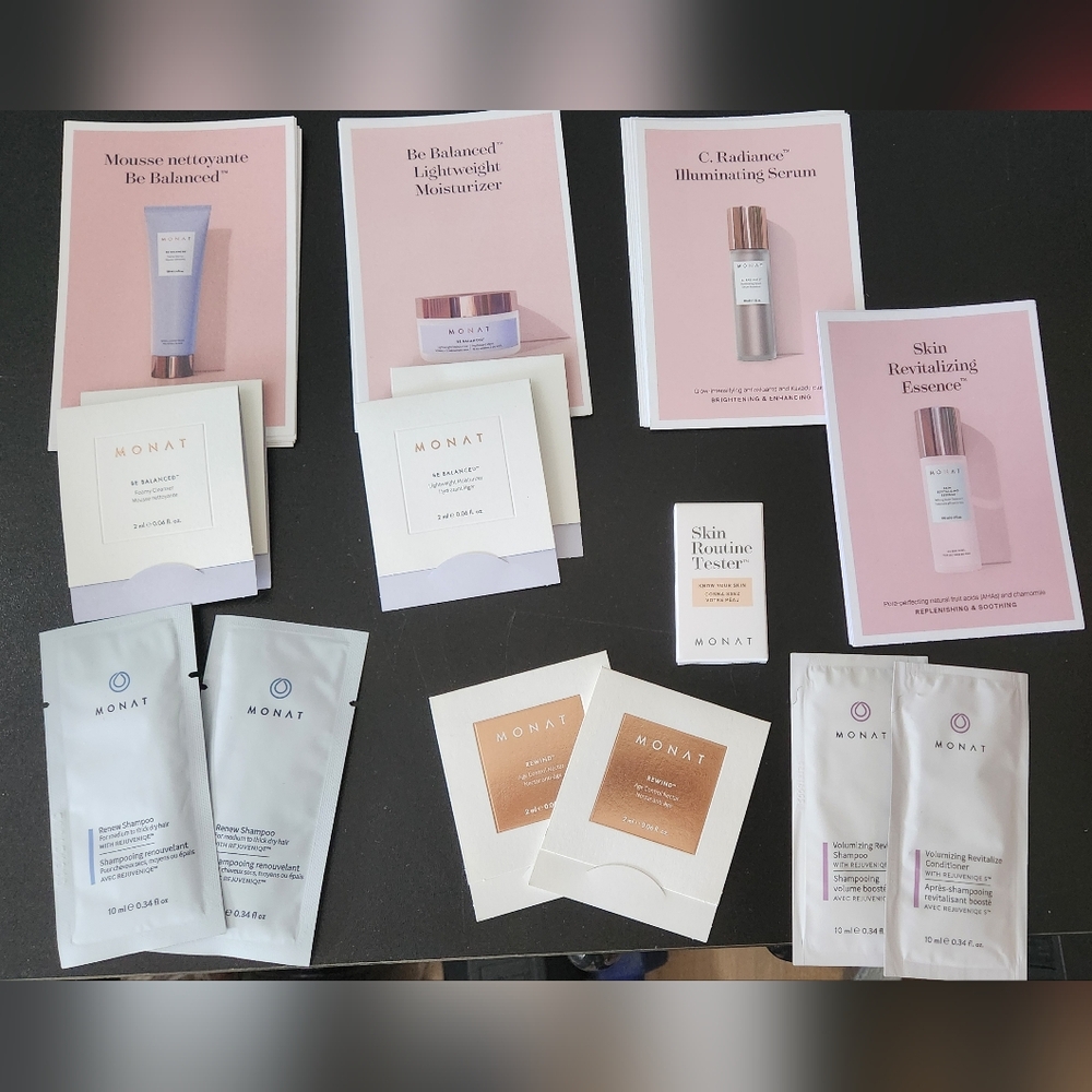 Monat Skincare And Haircare Samples With A Blue Bag And Info Cards